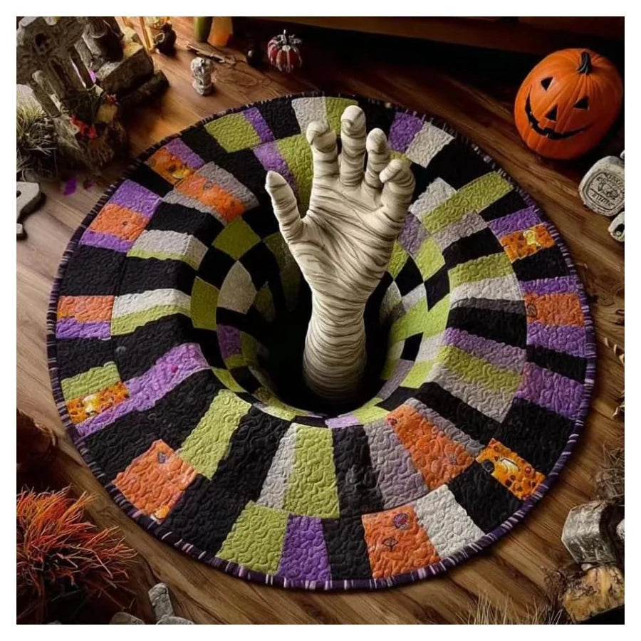 Front view of the Wrapwood Illusion Rug, showing its printed 3D illusion design