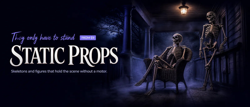 Static props: skeletons and figures that hold the scene without a motor