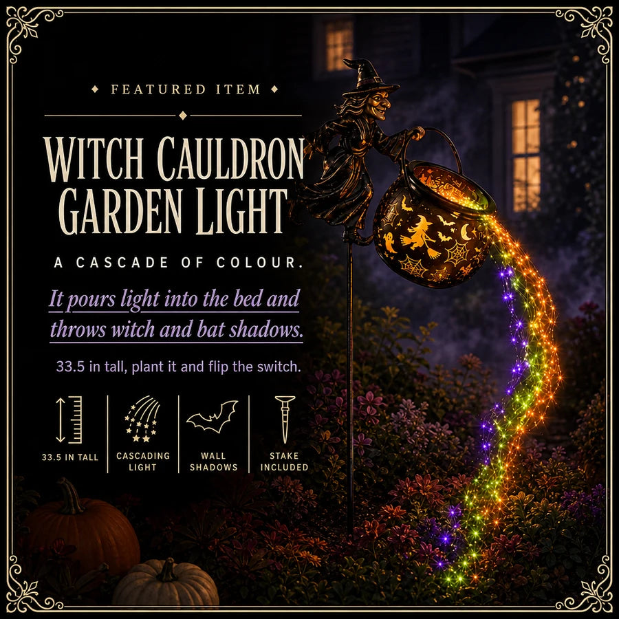 Featured card: the witch and cauldron stake pouring cascading colour into a garden bed, specs listed beside it.