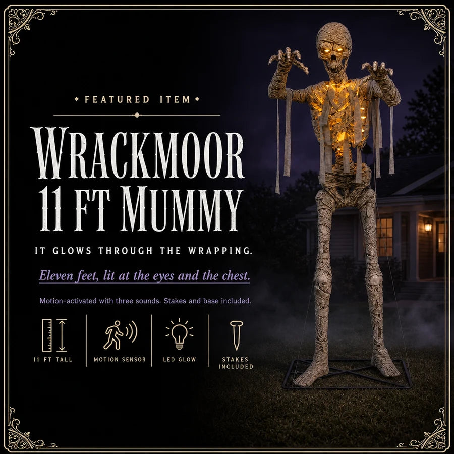 Featured card: the 11 ft mummy glowing amber through its wrapping on a night lawn, specs listed beside it.