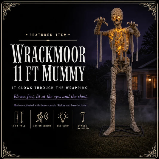 Featured card: the 11 ft mummy glowing amber through its wrapping on a night lawn, specs listed beside it.