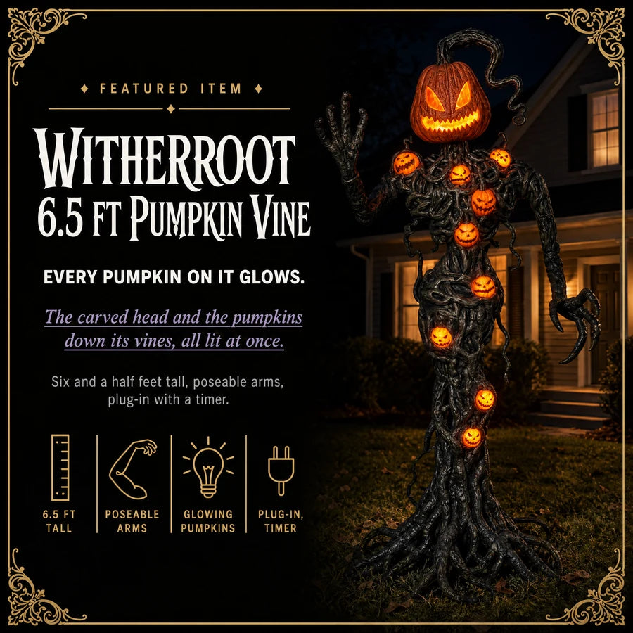 Featured card: Witherroot standing full height at night, its pumpkin head and body glowing, specs listed beside it.