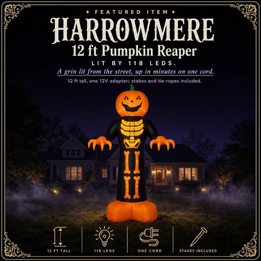 Featured card: the 12 ft lit pumpkin reaper inflatable staked on a night lawn, with its LED count listed.