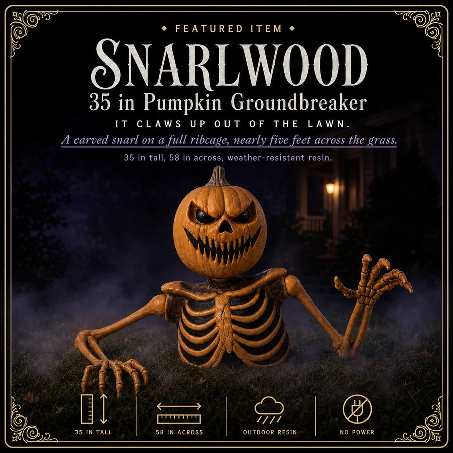 Featured card: the pumpkin-headed groundbreaker clawing out of a foggy lawn, with its height and reach listed.