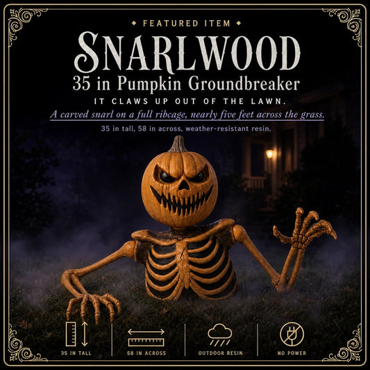 Featured card: the pumpkin-headed groundbreaker clawing out of a foggy lawn, with its height and reach listed.