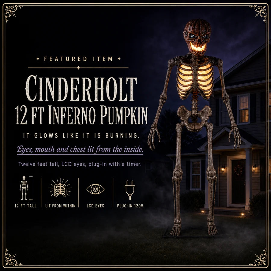 Featured card: the 12 ft skeleton with a pumpkin head burning from within, specs listed beside it.