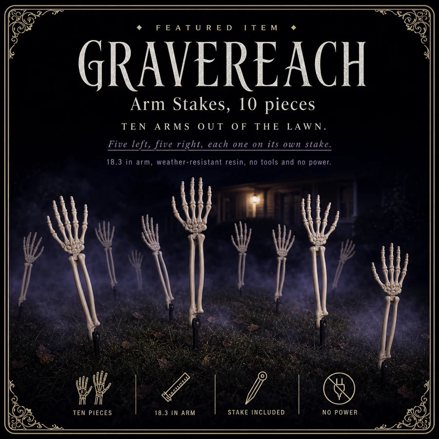 Featured card: the bone arm stakes clawing out of a foggy night lawn, with the pack size and reach listed.