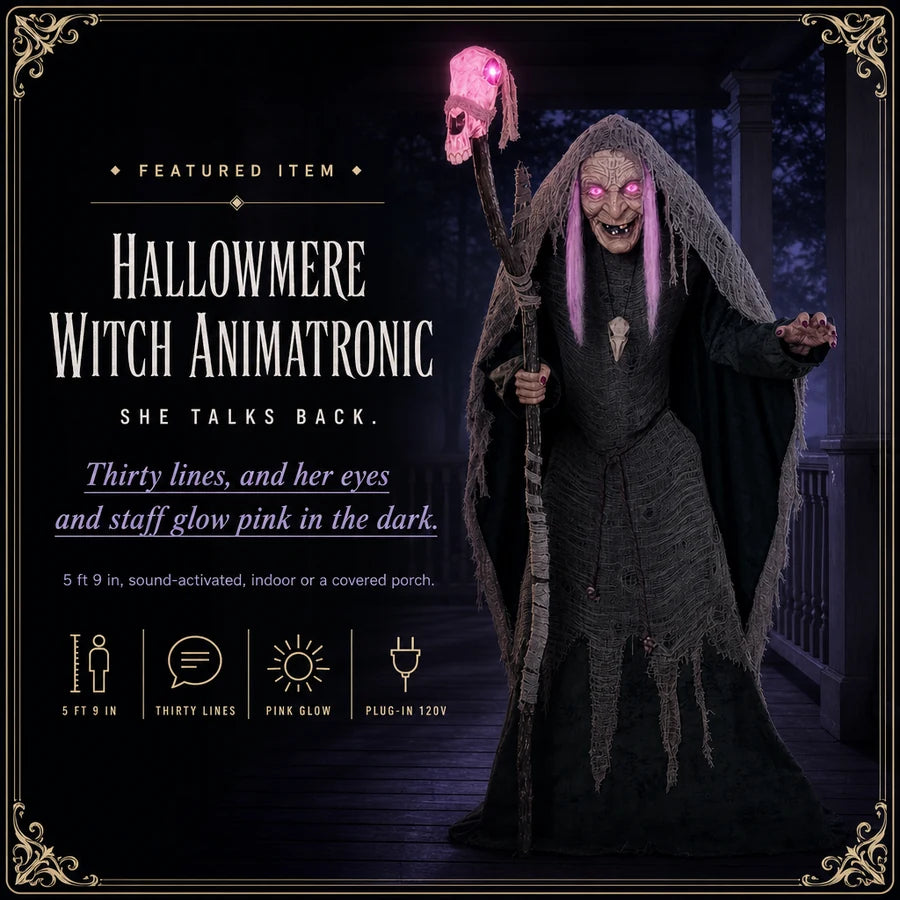Featured card: the witch animatronic with her staff glowing pink on a covered porch, specs listed beside her.