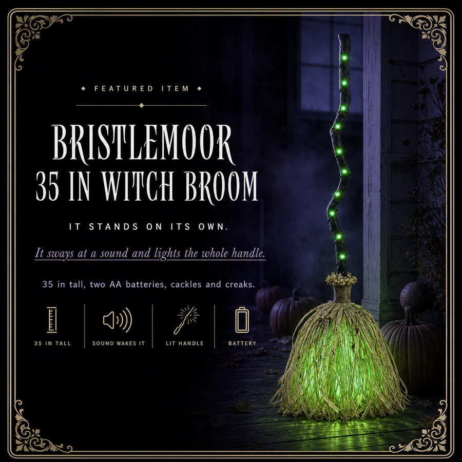 Featured card: the witch broom standing on its own with the handle lit green, specs listed beside it.