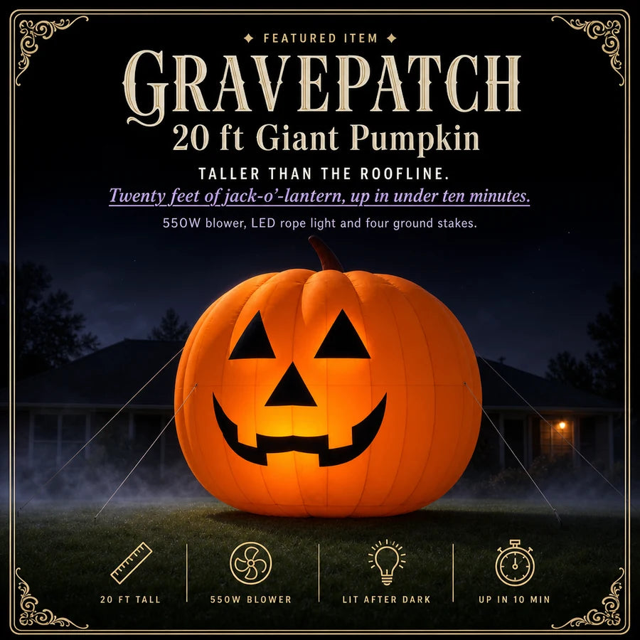 Featured card: the 20 ft inflatable jack-o'-lantern glowing on a night lawn, taller than the house behind it.