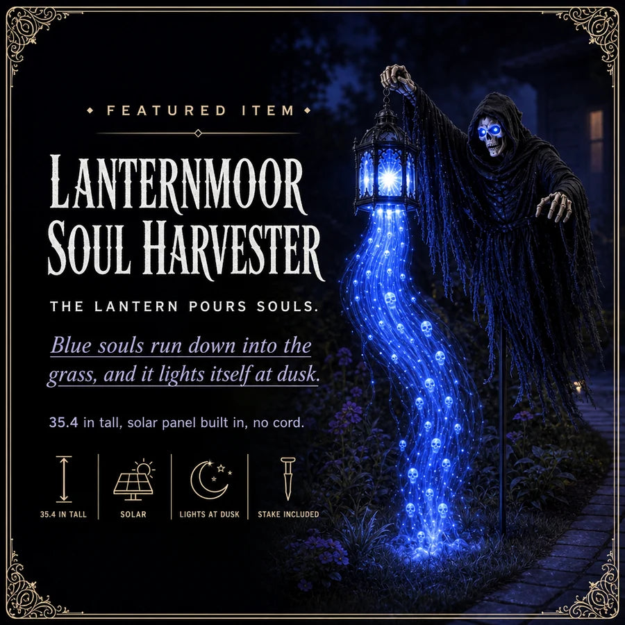 Featured card: the hooded reaper stake pouring blue souls from its lantern, with its four specs listed beside it.
