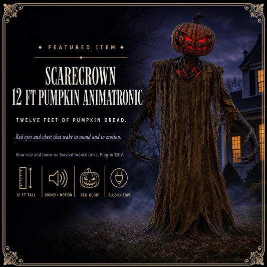 Featured card: the 12 ft pumpkin animatronic in its tattered robe with red eyes, specs listed beside it.