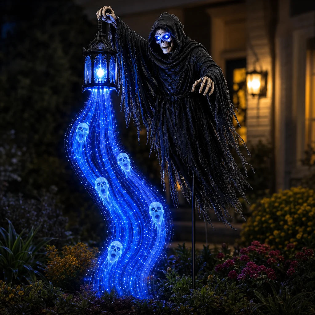 The lit stake planted in a front flower bed at night, souls streaming blue