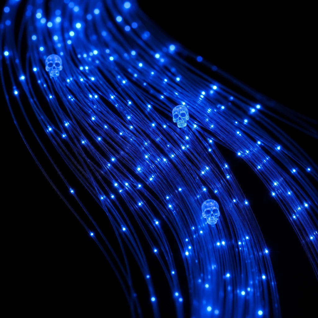 Macro of the fibre strands, individual points of blue light along their length
