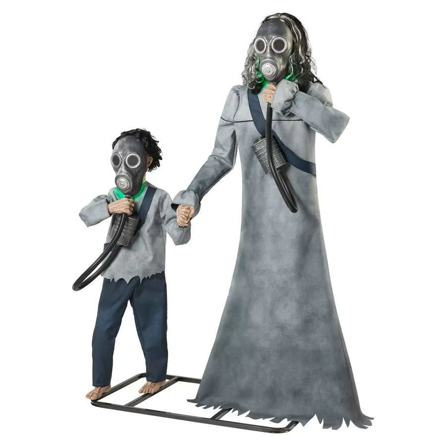 Front view with both masks raised, the green already showing at the edge of each mask