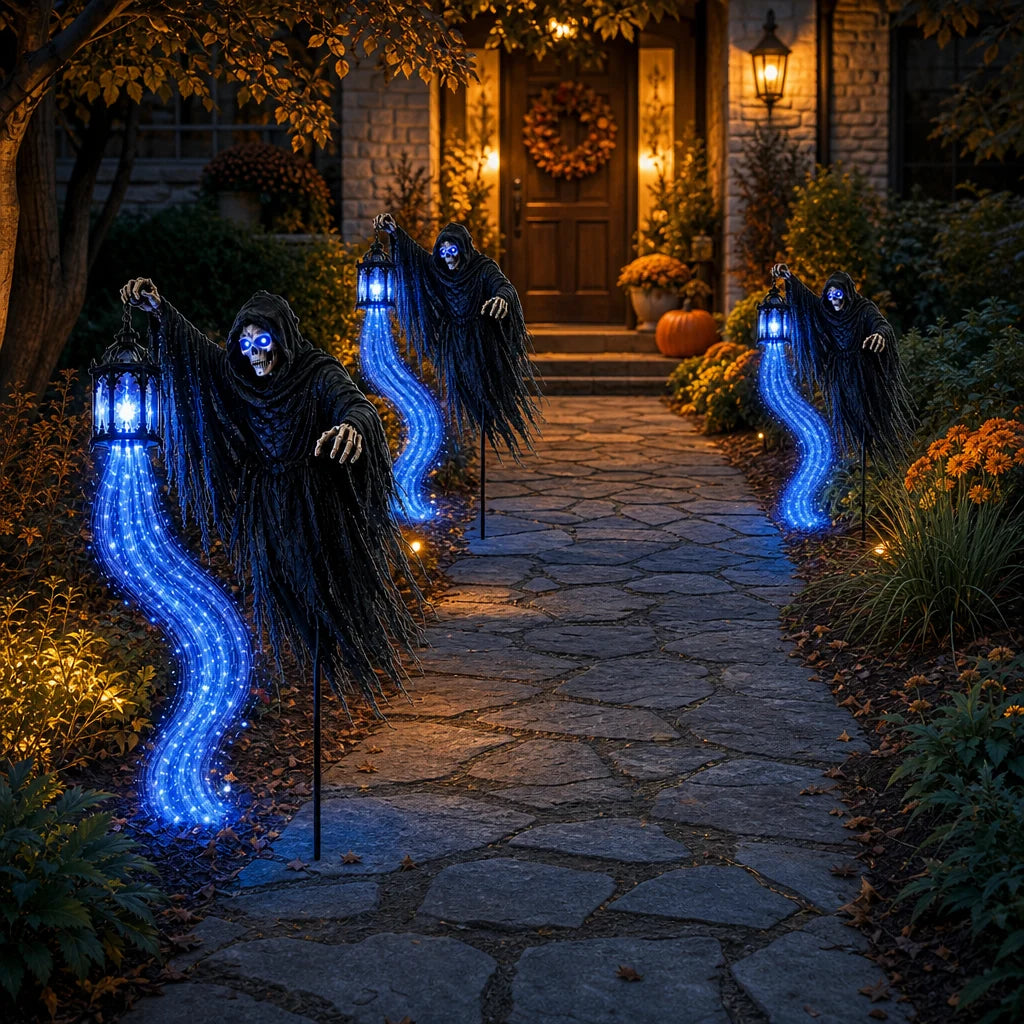 A stone walkway lined with lit stakes leading up to a warm front door