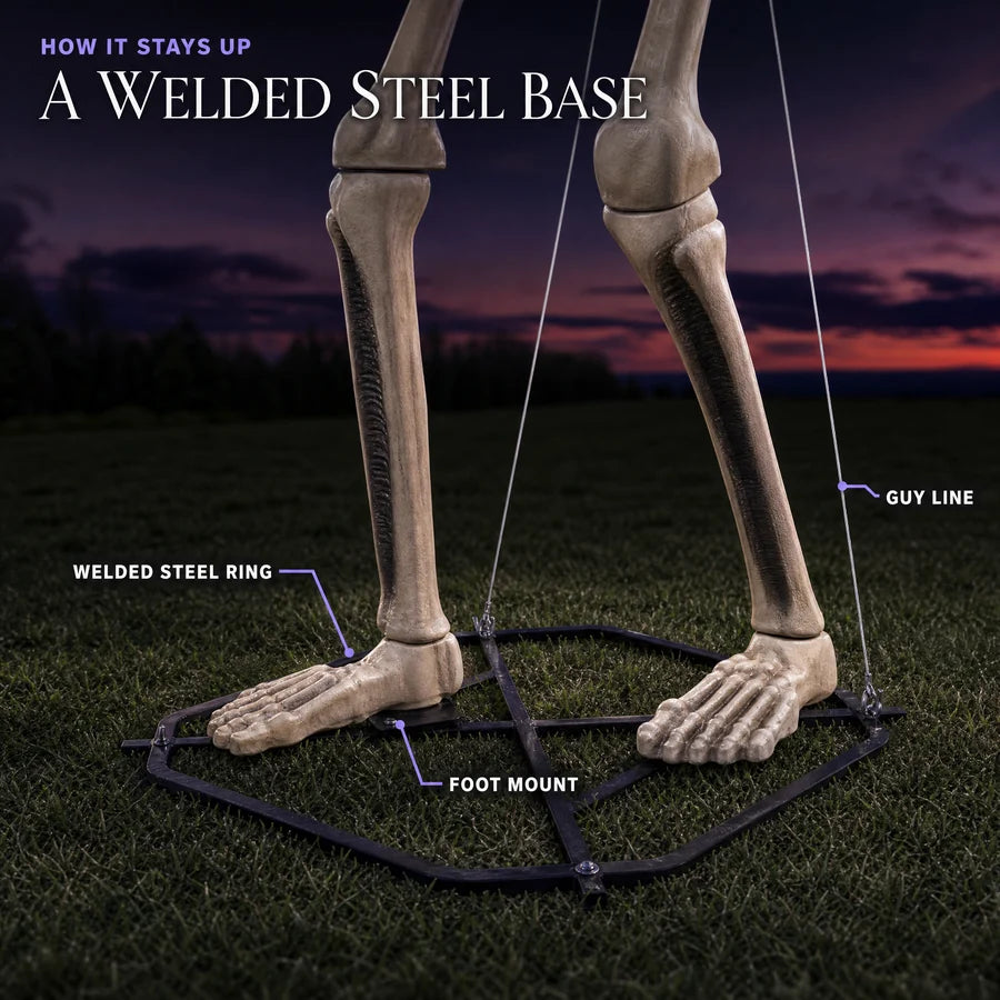 The welded steel base ring under the feet, with the foot mounts and a guy line labelled