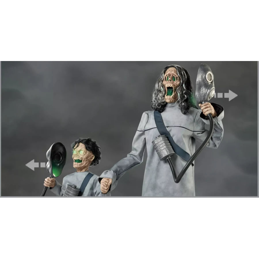 Close on both faces as the masks lift away, the green already lit underneath