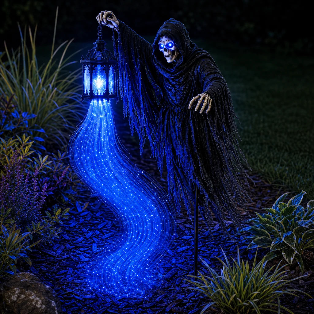 Planted in a mulched bed among low shrubs, the blue catching the bark