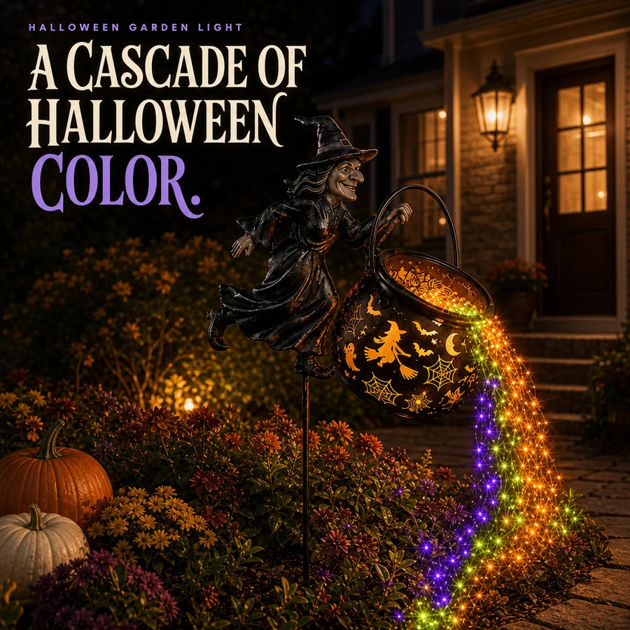 Infographic: A cascade of Halloween color, the lit stake in a front flower bed at dusk