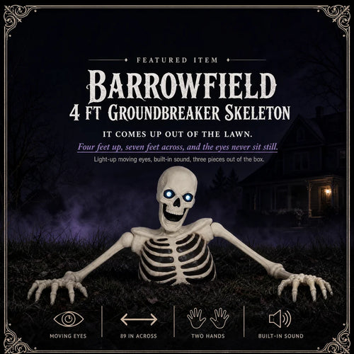 The groundbreaker skeleton lit on a night lawn, its name and four seals across the foot of the frame
