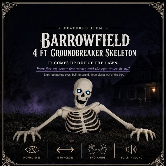 The groundbreaker skeleton lit on a night lawn, its name and four seals across the foot of the frame