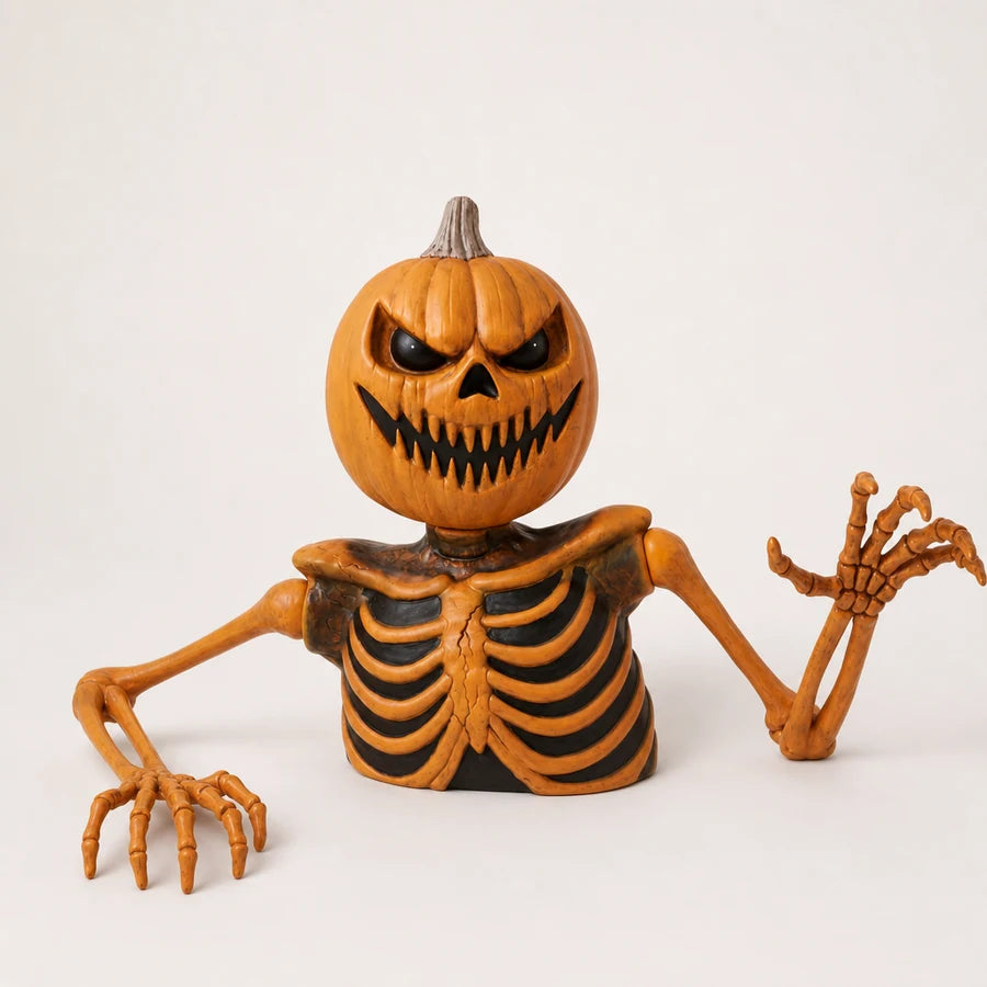 The snarling pumpkin-headed skeleton groundbreaker, full figure, on a plain studio background