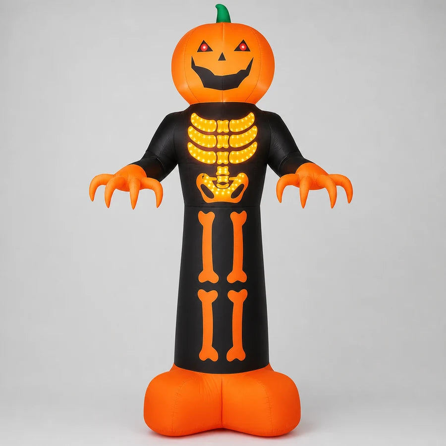 The jack-o'-lantern reaper against a plain background, arms out, the ribcage lit orange against the black robe