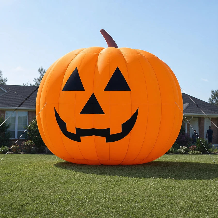 Full daylight shot of the giant twenty-foot inflatable jack-o'-lantern on a front lawn beside a house