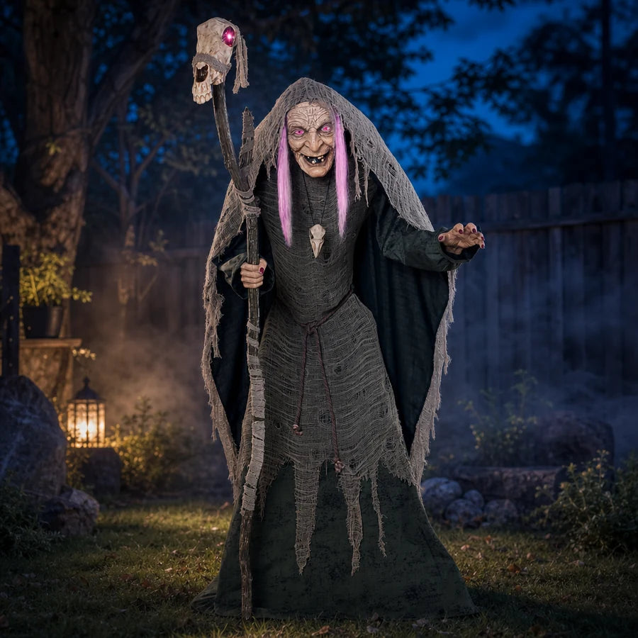 Featured item card: Hallowmere the witch lit pink in a misty yard, staff skull glowing above her