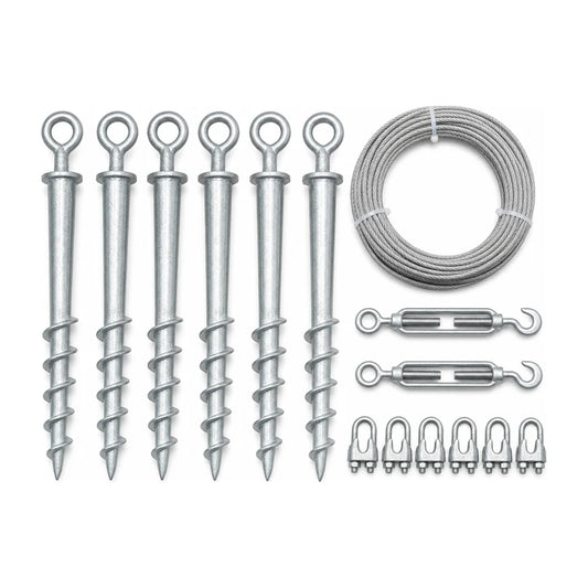 Helical ground stakes, steel cable, tensioners and prop clips laid out flat
