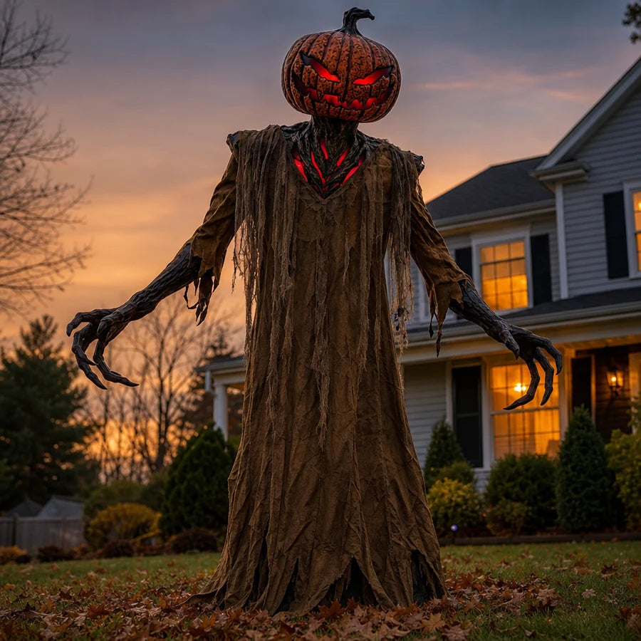 The pumpkin-headed animatronic figure standing full height on a front lawn at dusk, arms reaching outward beside a house