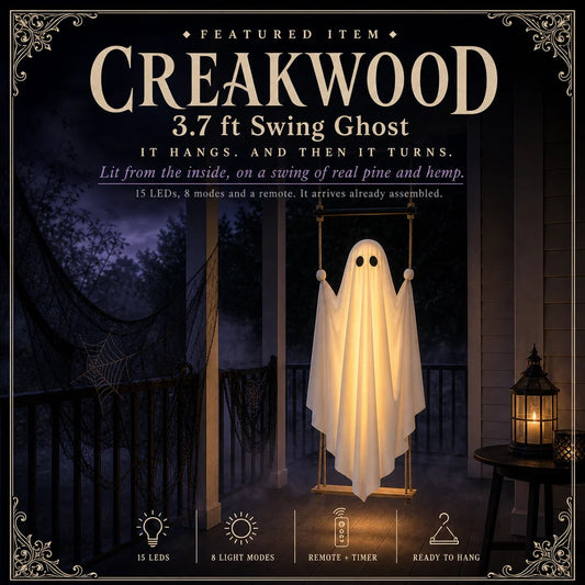 The lit ghost on its wooden swing on a night porch, its name and four icons across the foot of the frame