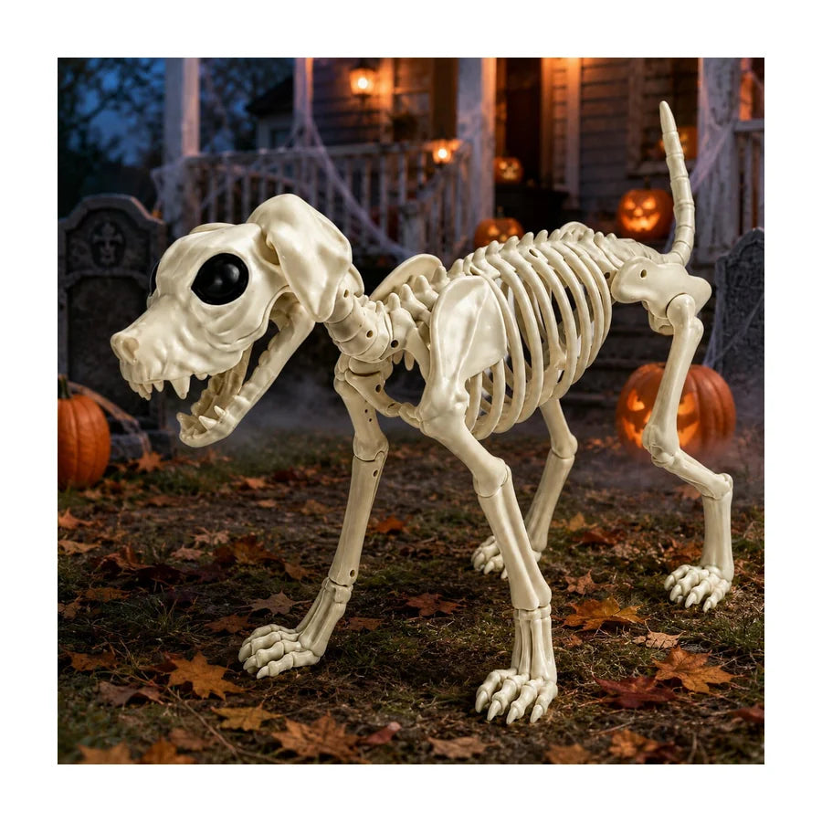 A bone-white skeleton dog sitting on a lawn at night