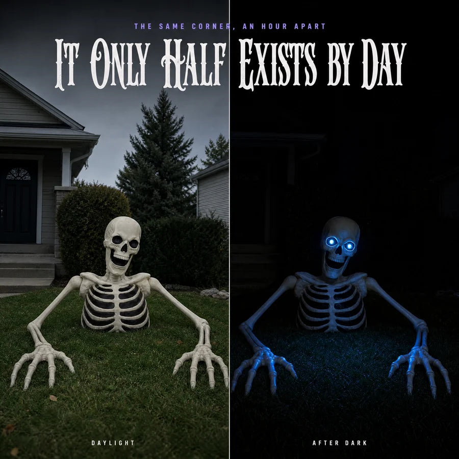 The same lawn corner twice: eyes dark in daylight on the left, only the lit blue eyes at night on the right