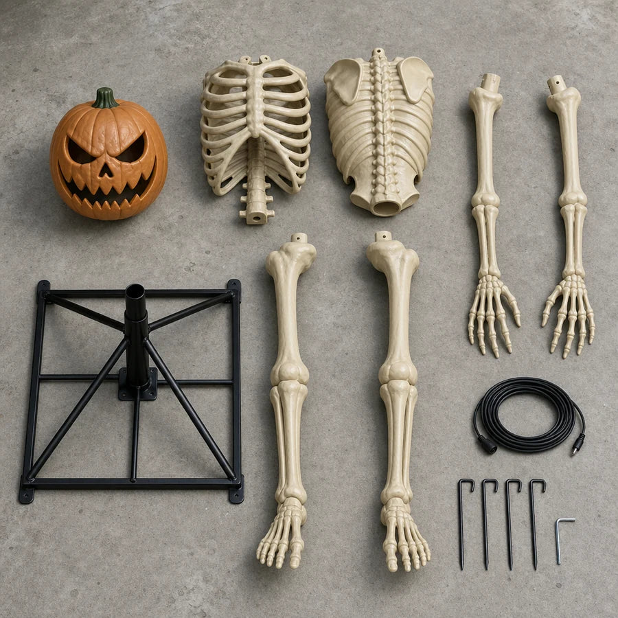 Every piece laid out flat: base, torso sections, arms, head, cable, four stakes and the Allen wrench