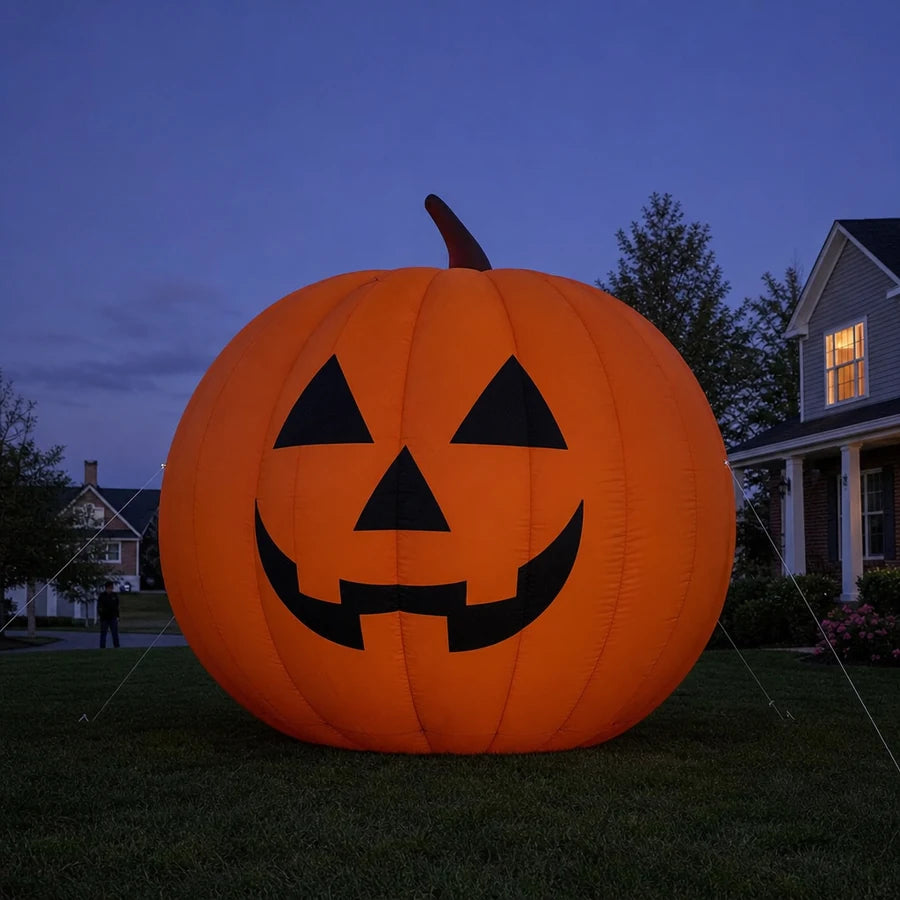 The giant inflatable pumpkin at dusk just before its LED lights turn on