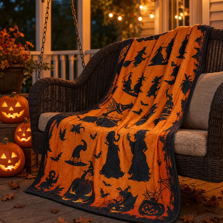 Folded over a porch chair at dusk, jack-o'-lanterns lit on the steps