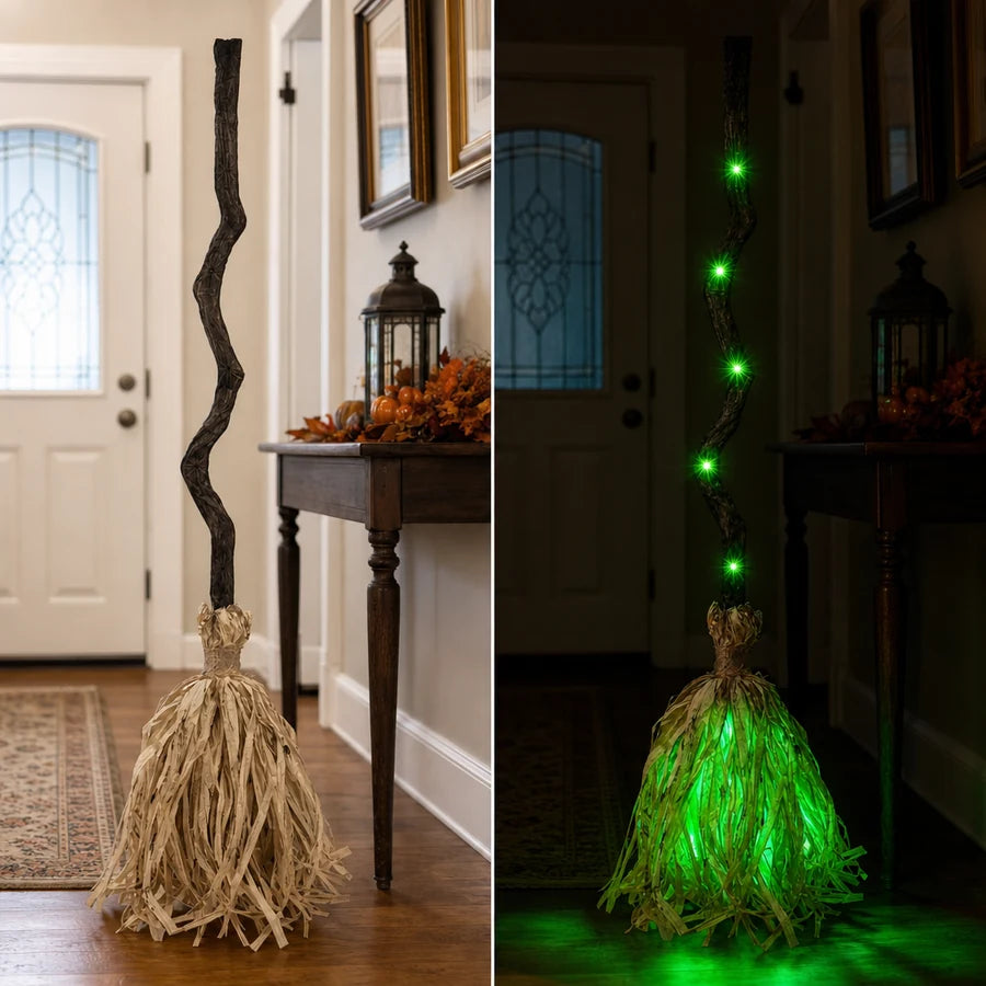 The same hall in one frame: plain straw broom by day on the left, lit green by night on the right