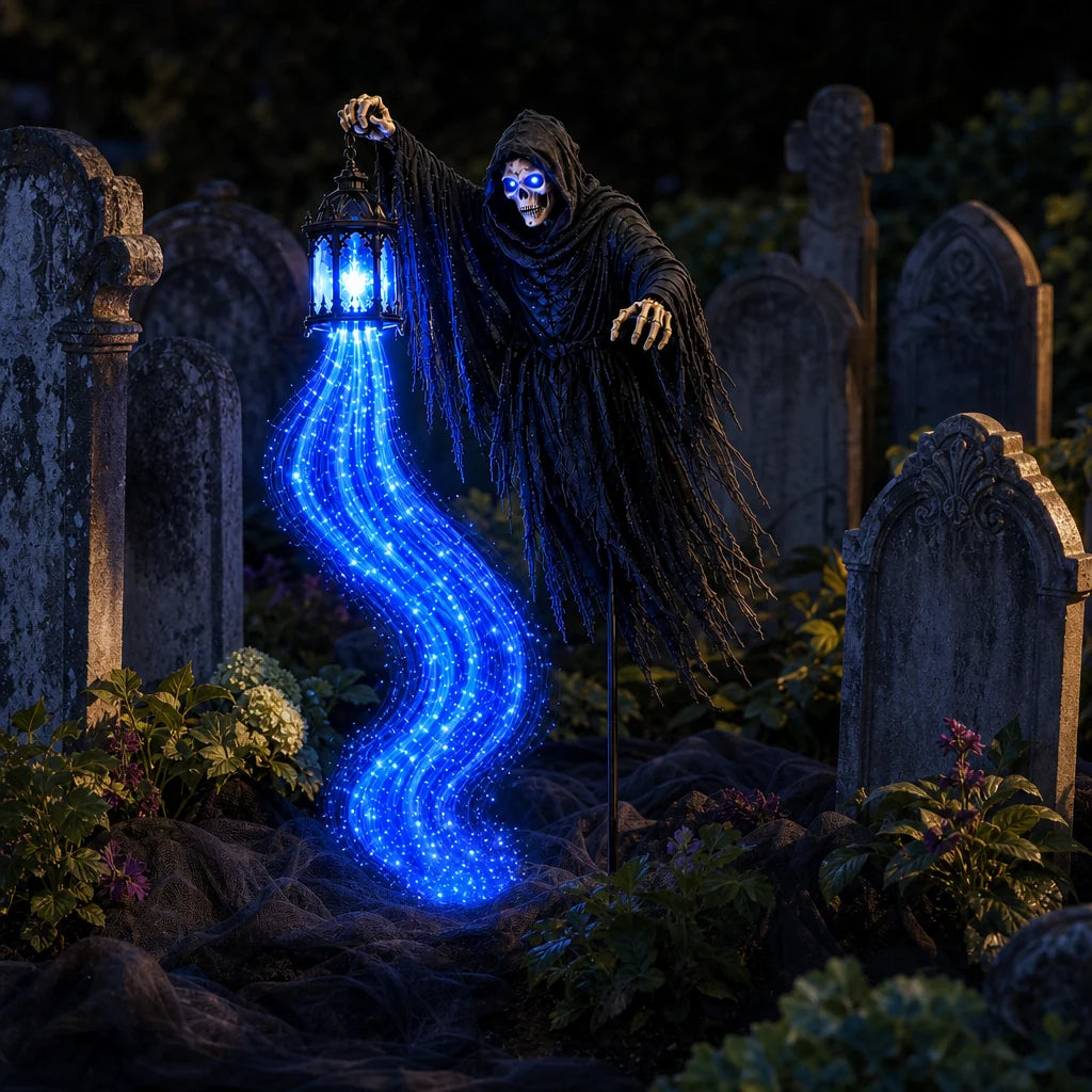 Built into a small graveyard scene with weathered headstones behind