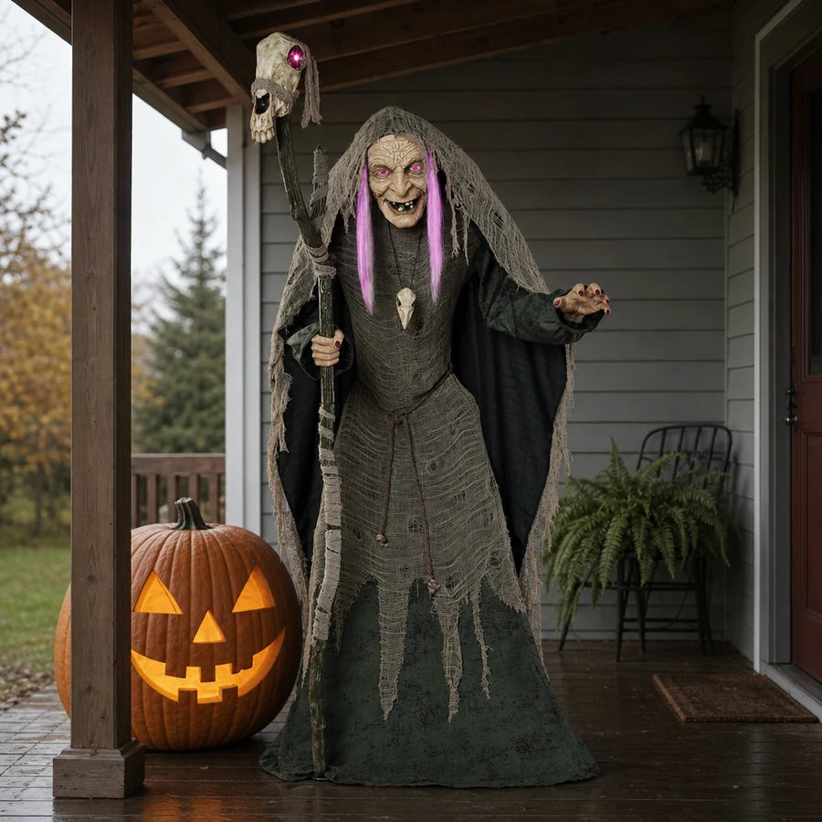 Standing on a covered porch beside a pumpkin, well out of the rain line