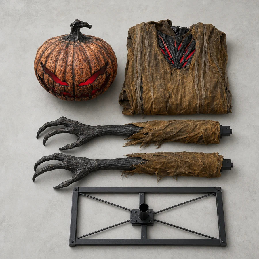 Overhead flat-lay of the figure's parts neatly organized: head, folded robe, two arms and the base frame