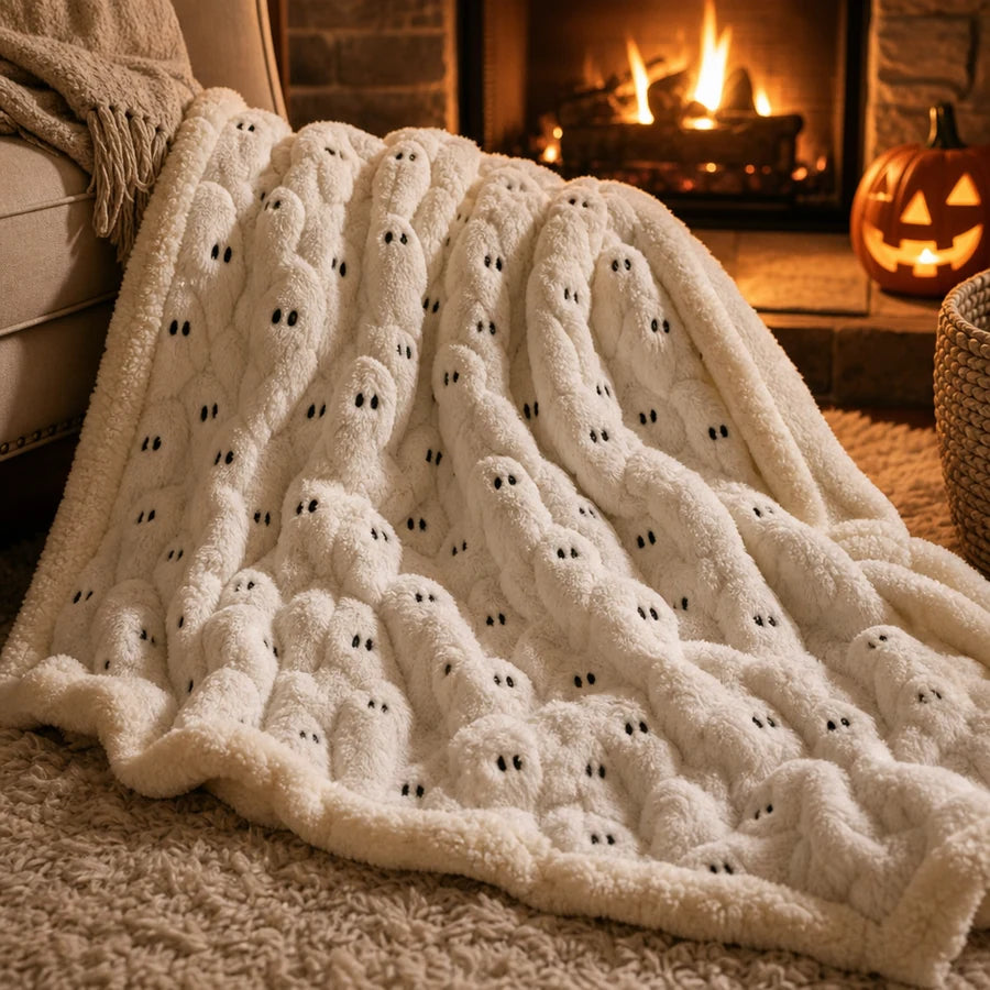 Rumpled on a rug by a lit fireplace, warm firelight across the texture