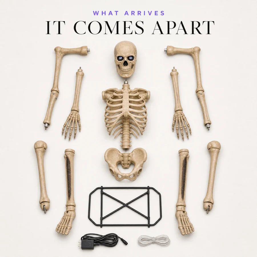 Every piece laid out flat: the bones, the steel base, the power lead and the guy lines