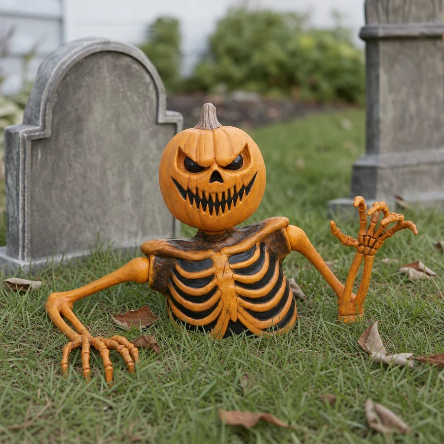 The groundbreaker set beside a low gravestone marker in a small yard graveyard display