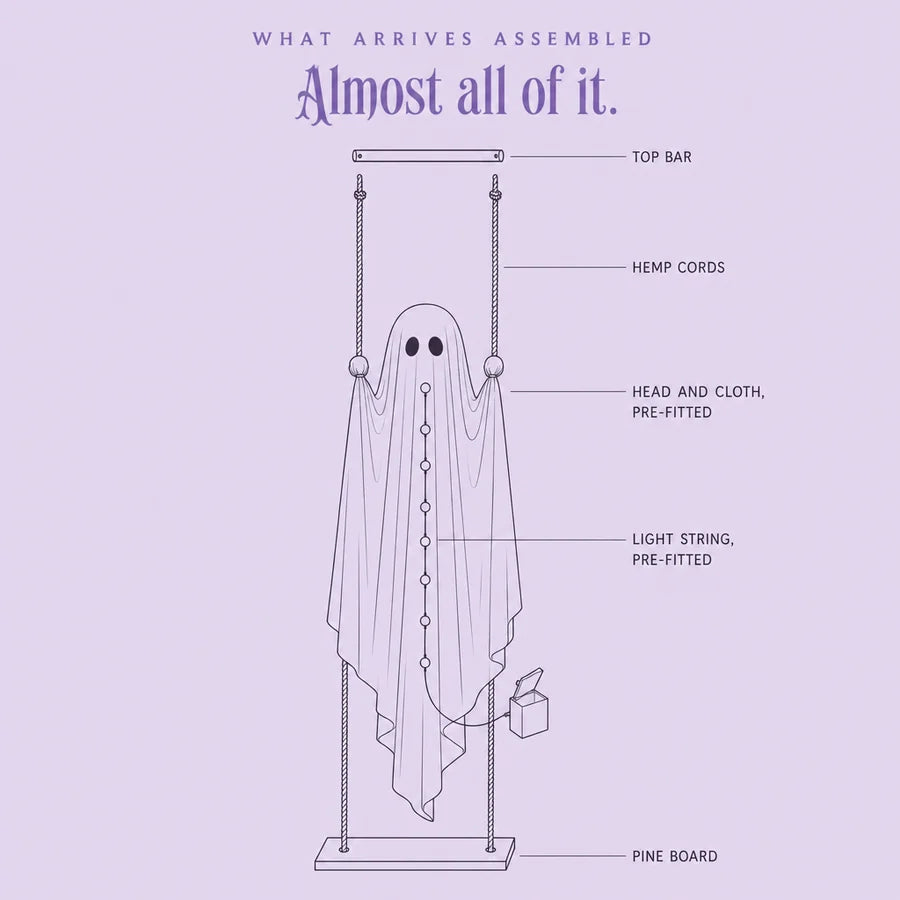 Line drawing of the parts, labelled: top bar, hemp cords, head and cloth pre-fitted, light string pre-fitted, pine board
