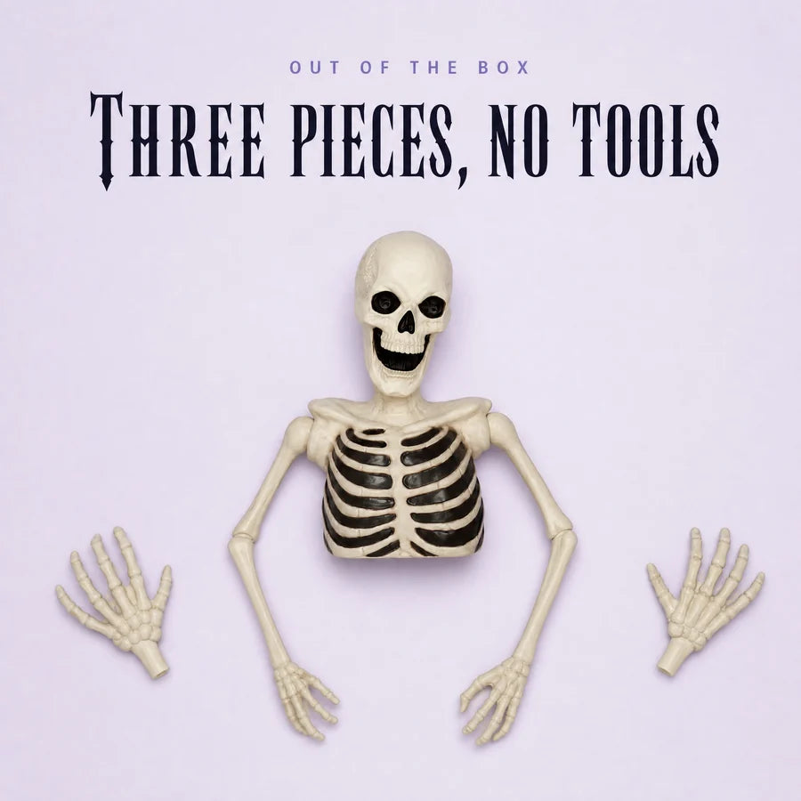 Overhead flat-lay on pale lilac: the torso with its arms and one separate bony hand on each side