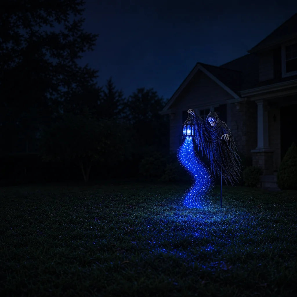 A sleeping dark yard where the cascade is the only light still on