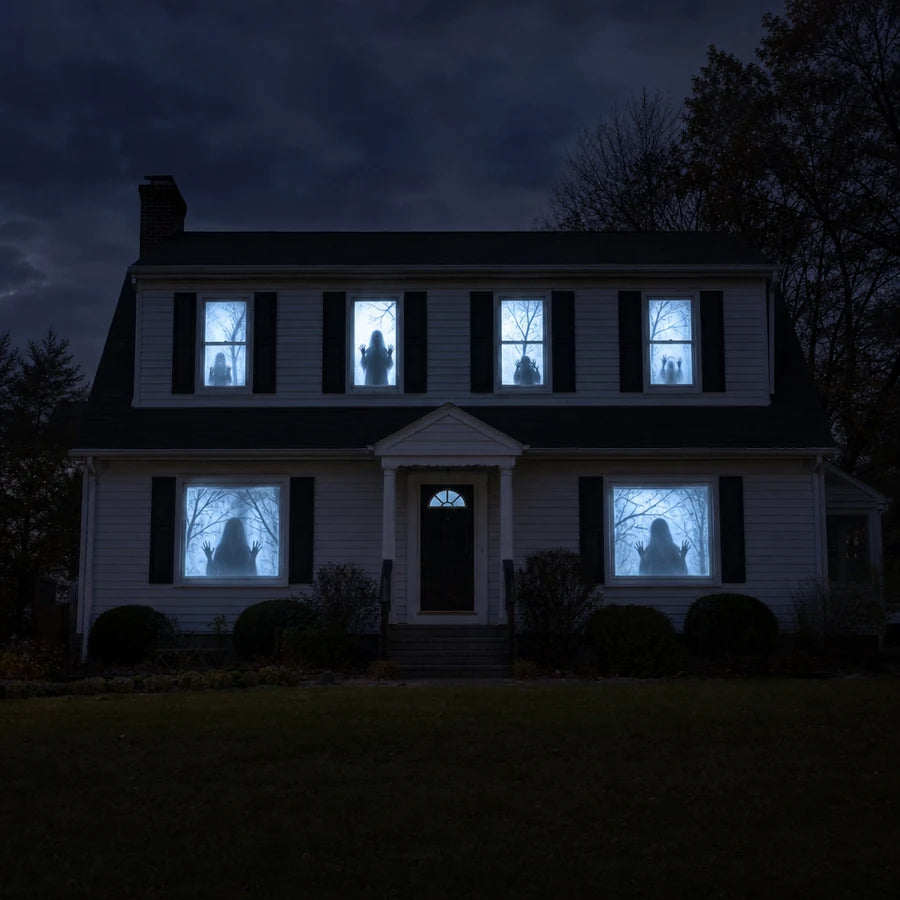 Four windows lit across the whole front of a house at dusk, every one running a scene