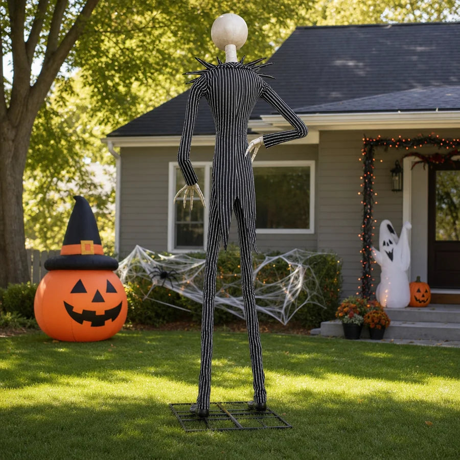 13 ft Pinstripe Skeleton Animatronic, three-quarter view from behind on a front lawn